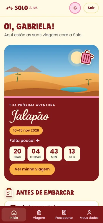 Portal Solovers no celular: a tela de entrada com a próxima viagem e a contagem regressiva.