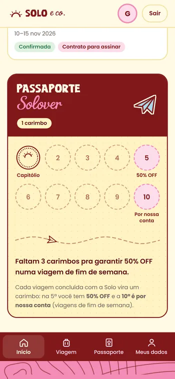 Portal Solovers no celular: o passaporte de fidelidade com os carimbos das viagens.