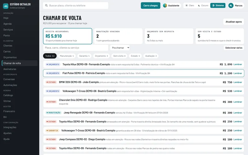 Tela Chamar de volta com as manutenções vencendo, os orçamentos sem resposta e as garantias acabando.
