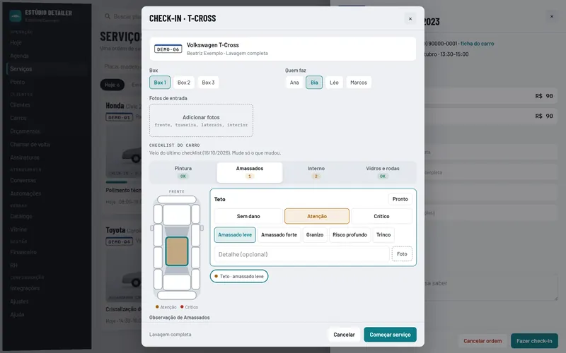 Check-in do carro com o checklist por área e o desenho do carro para marcar os amassados.