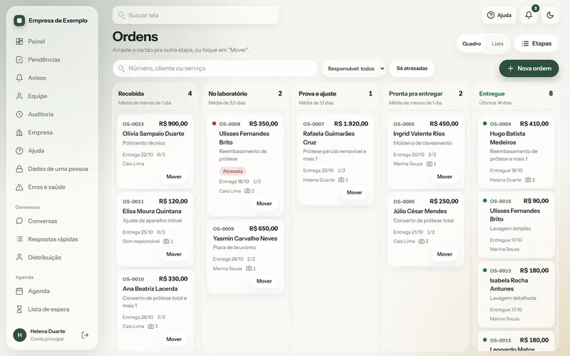Tela de Ordens de serviço, com dados de demonstração: um quadro com uma coluna por etapa, da ordem recebida à entregue, e cada ordem com o valor, a data de entrega e a pessoa responsável.